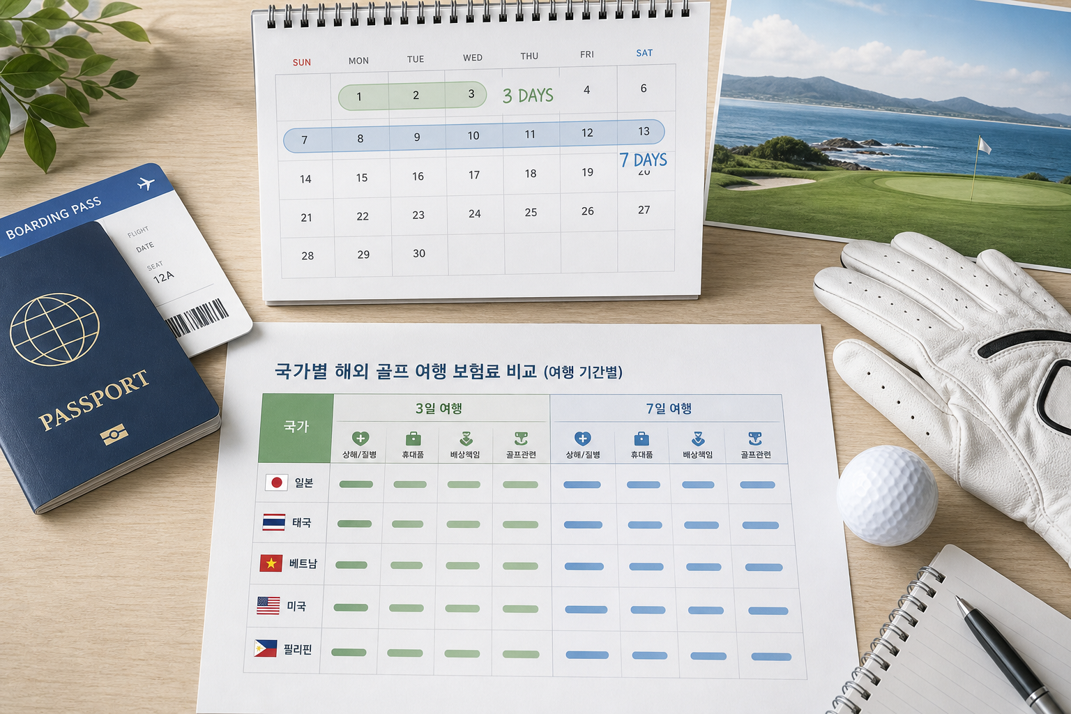 해외 골프여행 보험료 비교를 위한 여권, 캘린더, 골프 장갑, 비교표 이미지